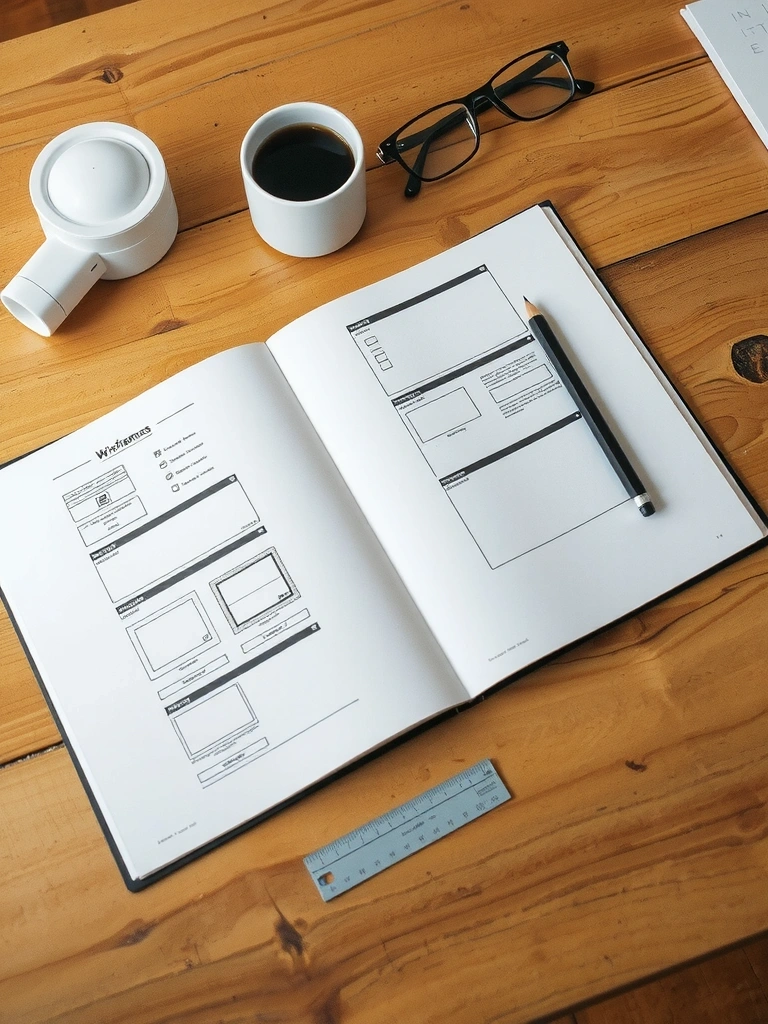 Detailed wireframe sketches in a sketchbook